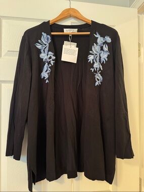 Kasper Black Open-Front Cardigan with Light Blue Floral Embroidery